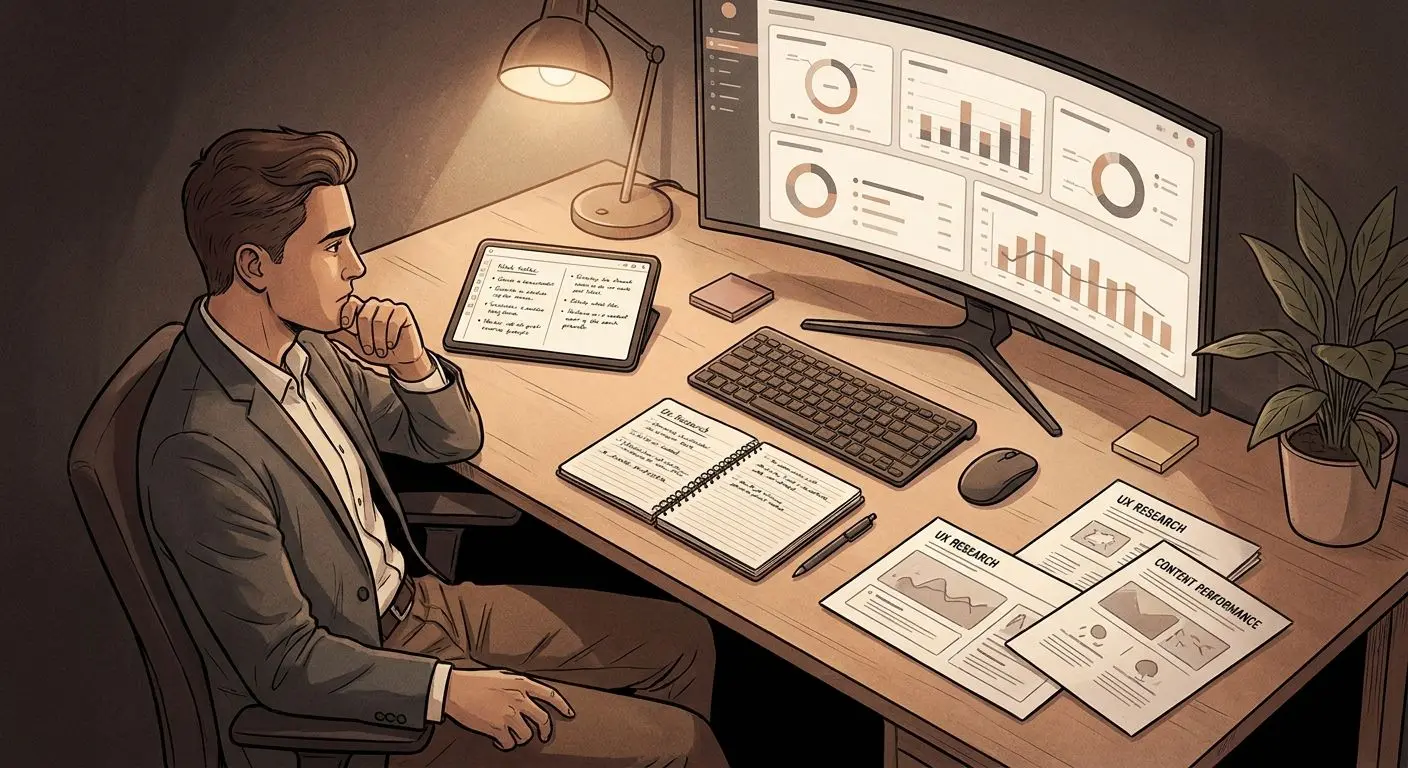 Illustration of an iGaming content analyst reviewing data and player experience