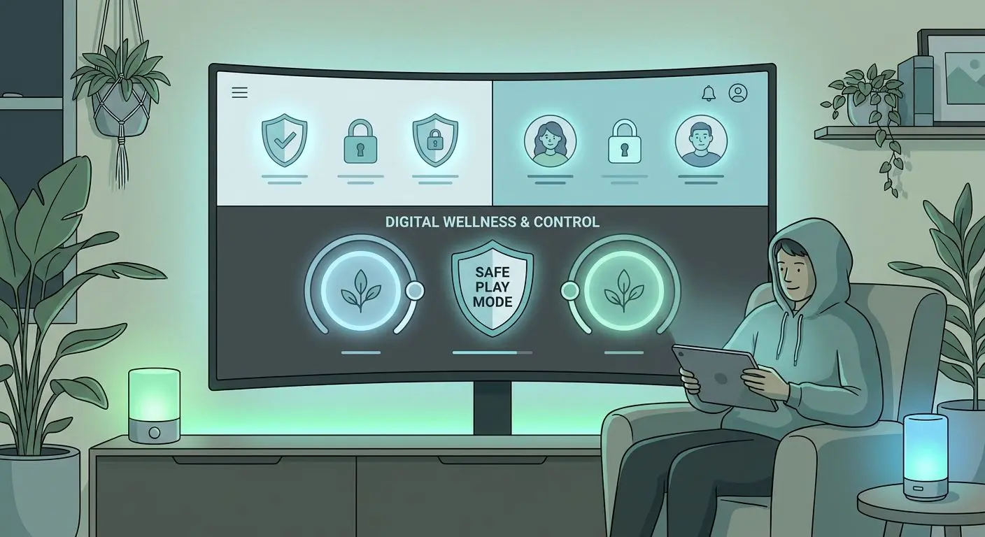 Illustration of safe online play with balance control and security elements