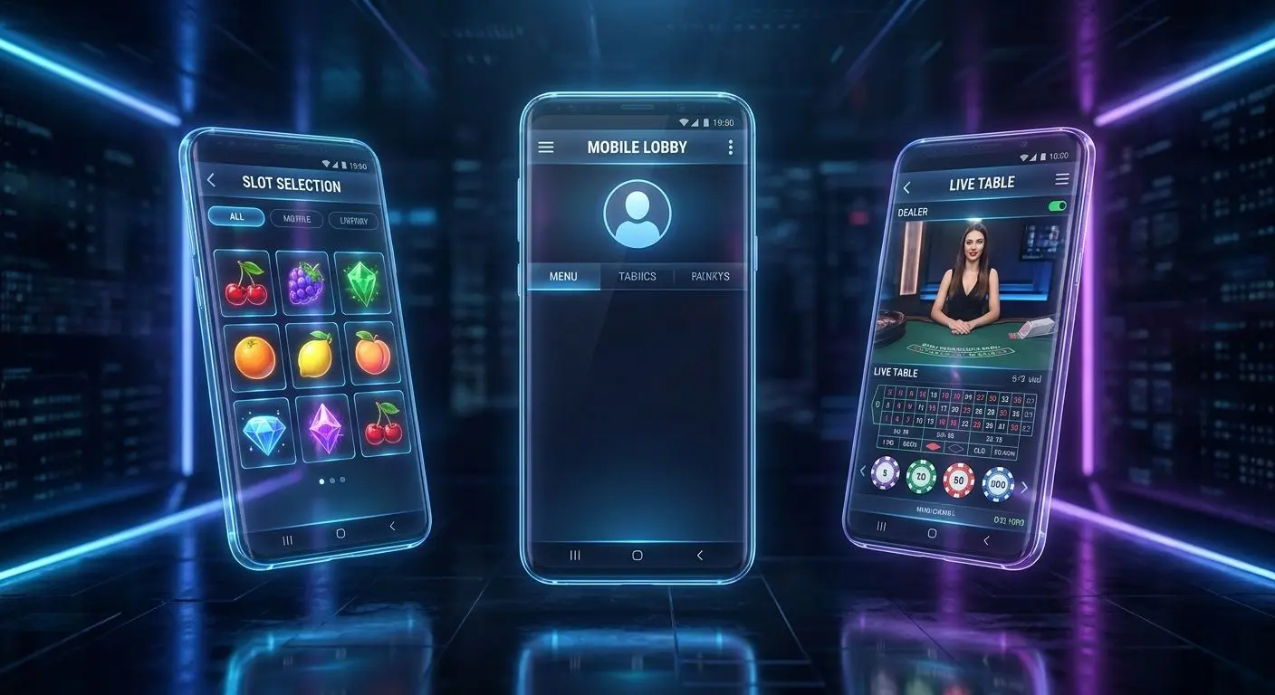 Multiple PlayOJO mobile app screens with lobby and games