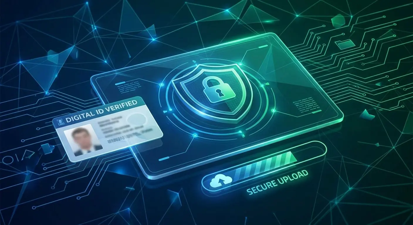 Secure verification and payment protection interface with lock and ID icons