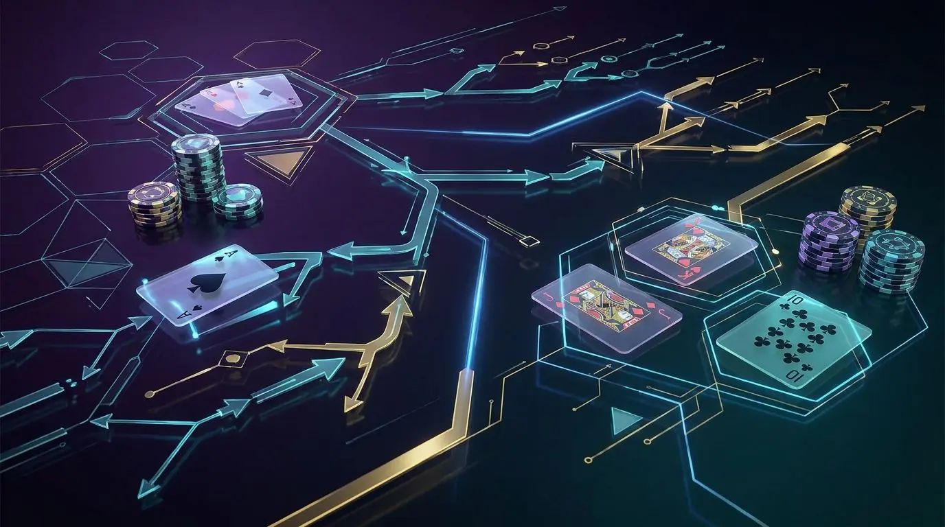 Abstract blackjack strategy illustration with cards and decision paths