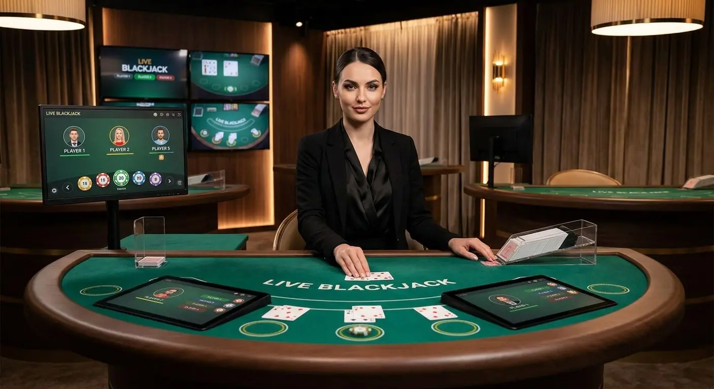 Live dealer blackjack table with online players connected