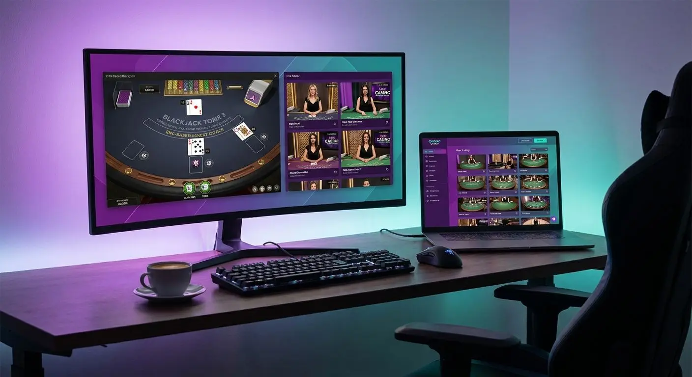 Laptop showing different online blackjack table formats