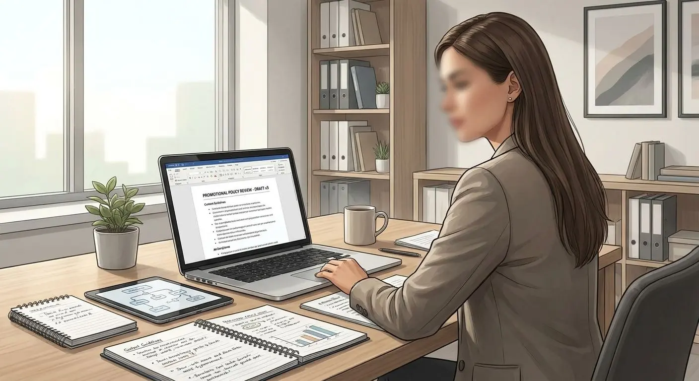 Professional content specialist reviewing reward policies at a desk