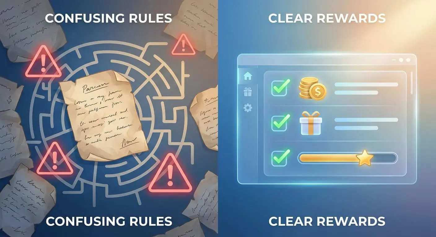 Illustration comparing confusing promotions with transparent rewards