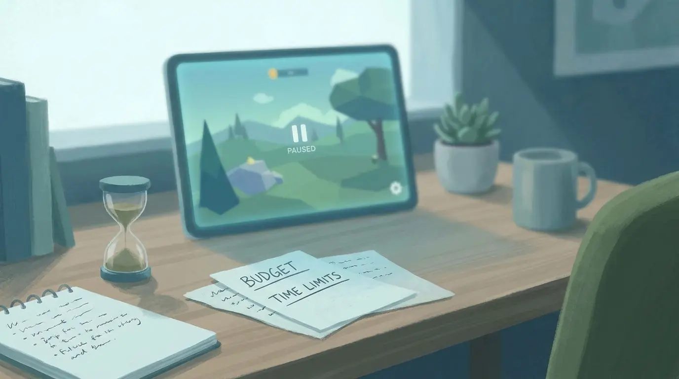 Responsible gaming themed visual with balance, timer and budget planning