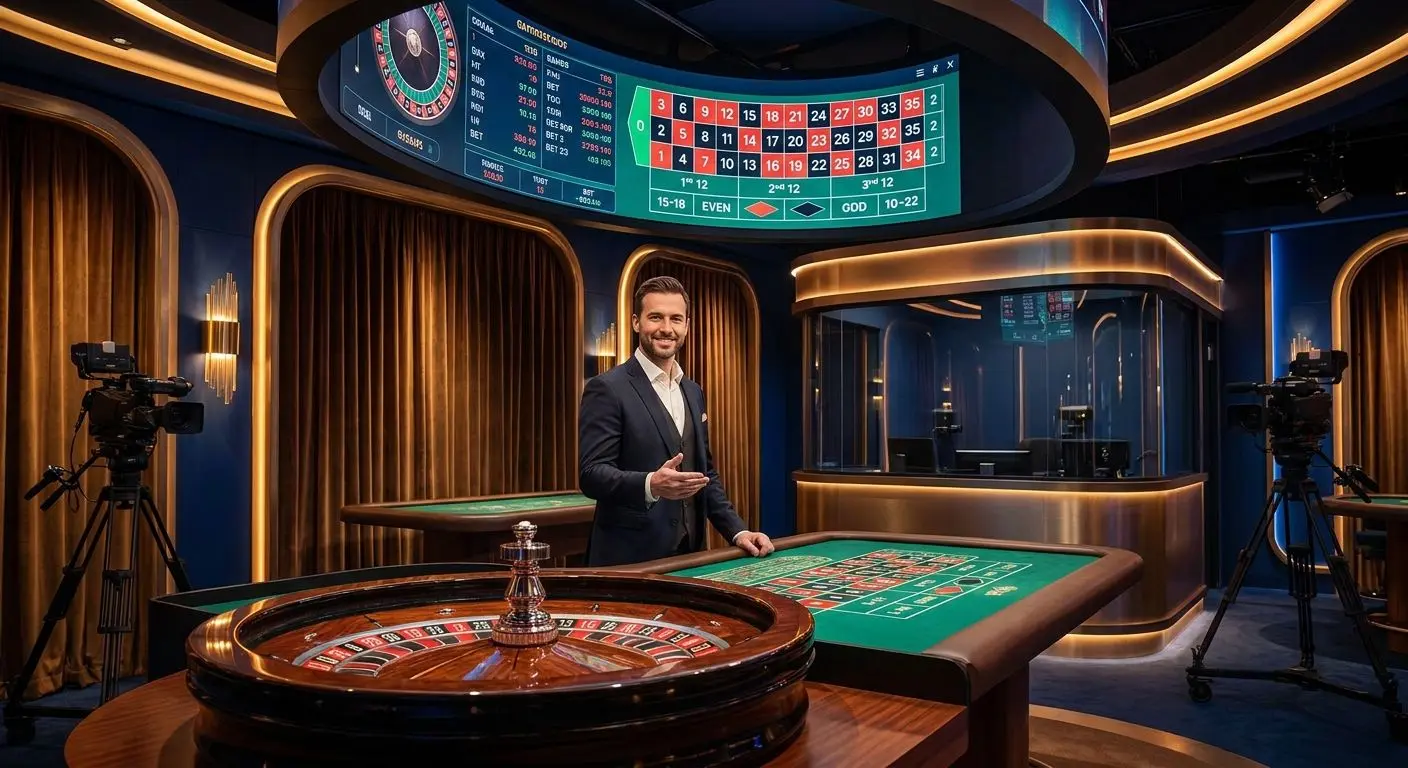 Live table studio with dealer roulette wheel and card game setup