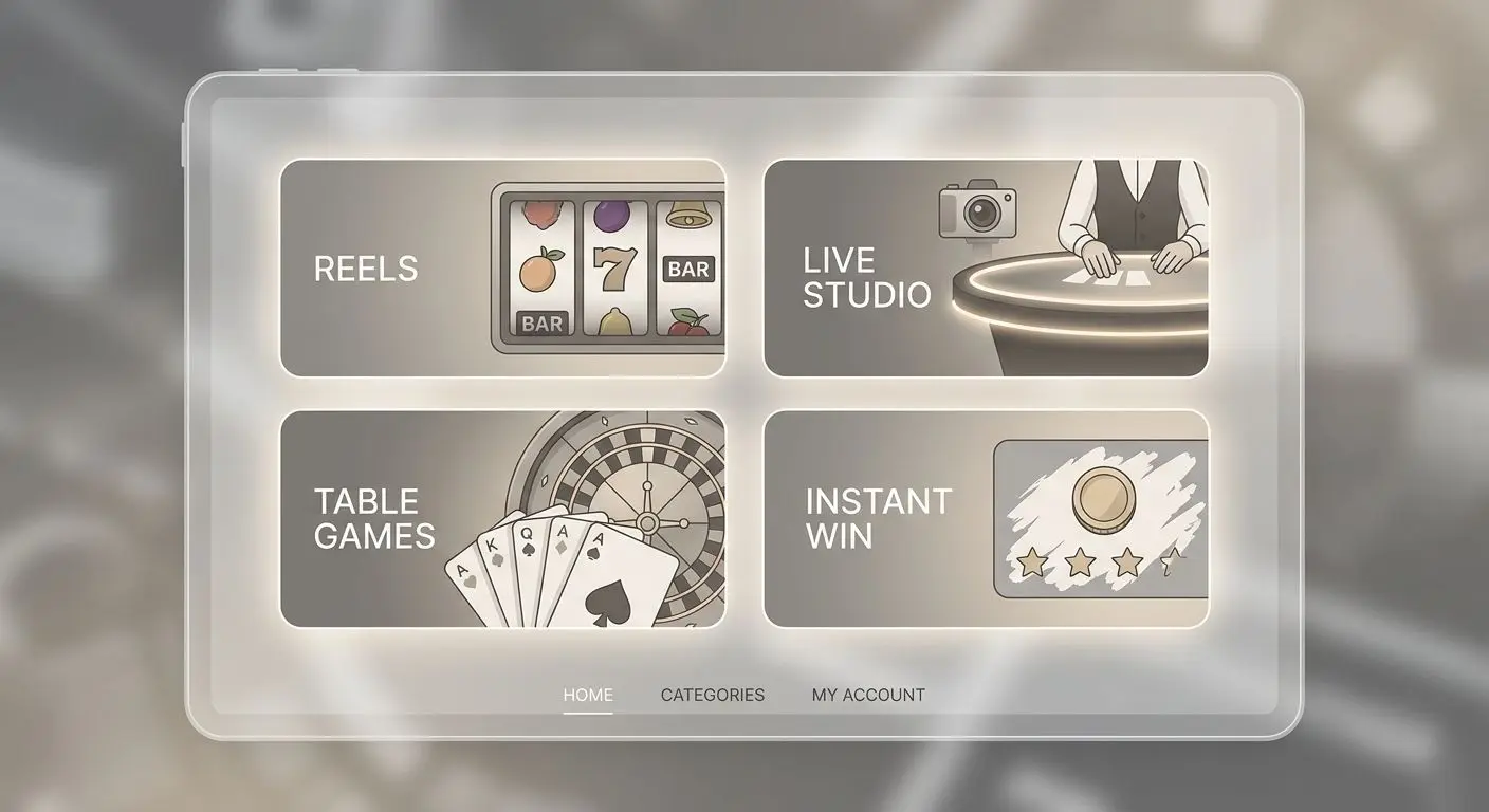 Visual overview of PlayOJO game categories including slots live tables and scratch cards