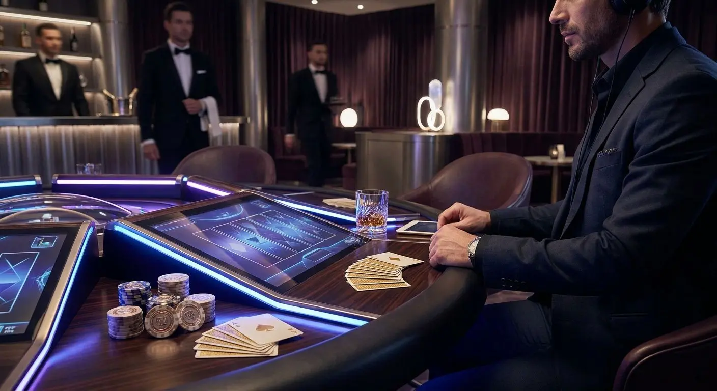 Highroller player in a premium purple blue gaming lounge atmosphere