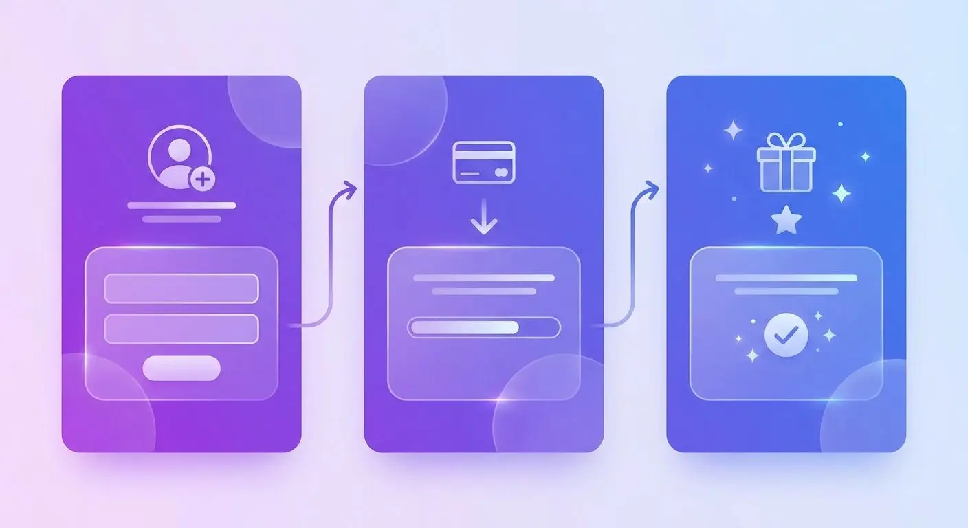 Simple sign up deposit rewards flow in purple blue style