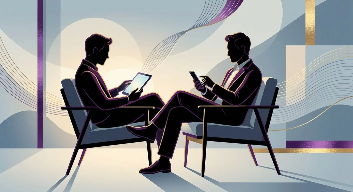 Stylised fictional author illustration with tablet in editorial style