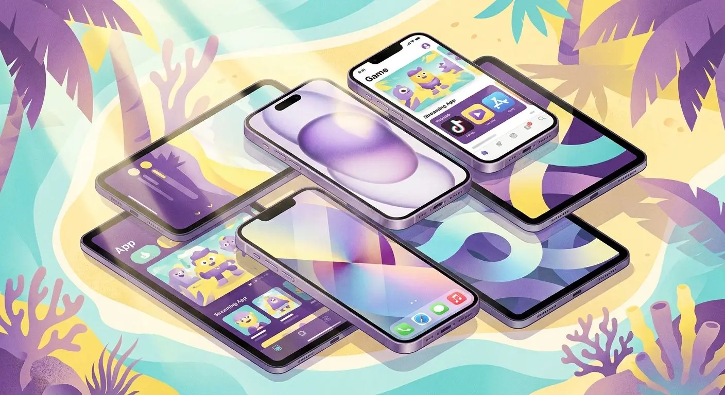 Different iPhone and iPad devices shown on an island-themed background