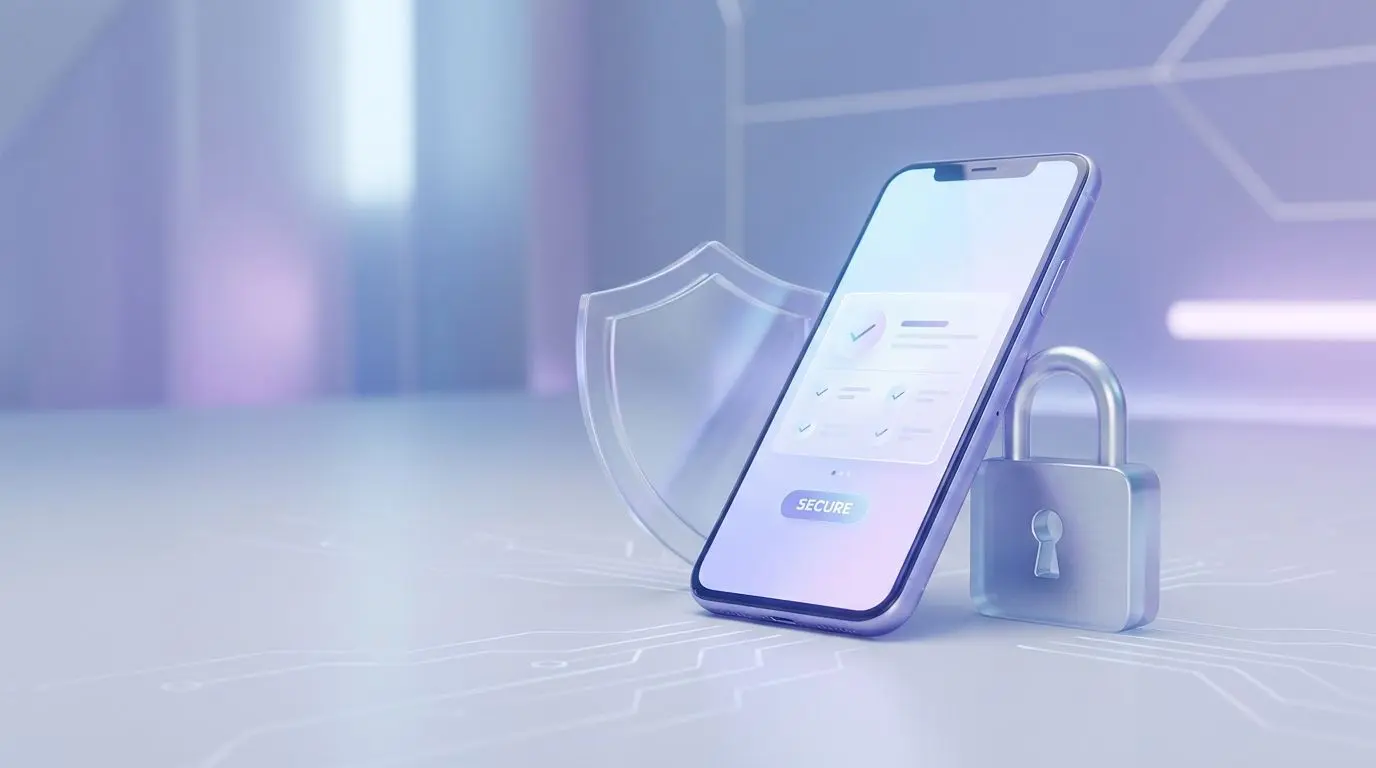 Shield and lock icons next to an iPhone representing mobile account security
