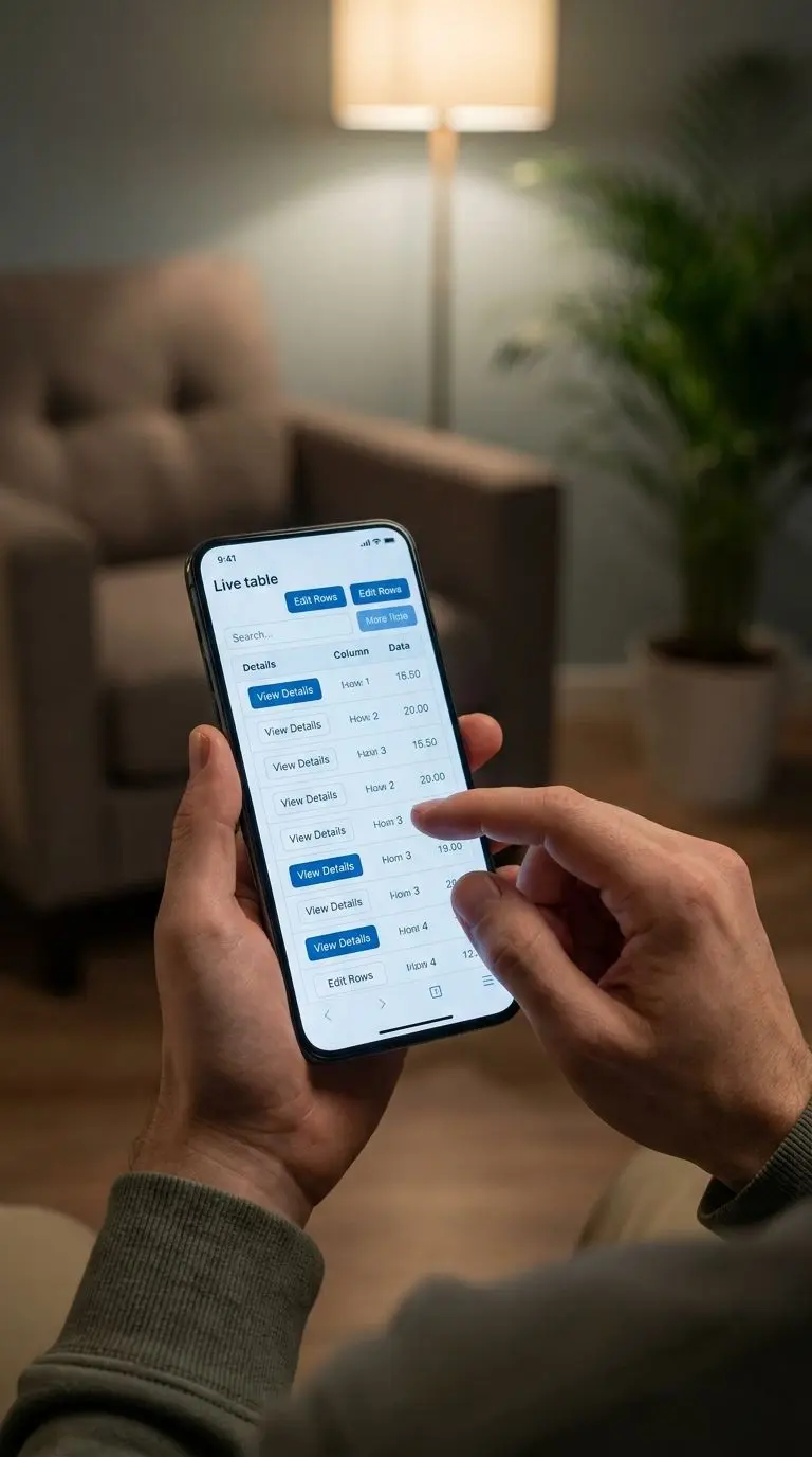 Smartphone showing a mobile live table with touch controls