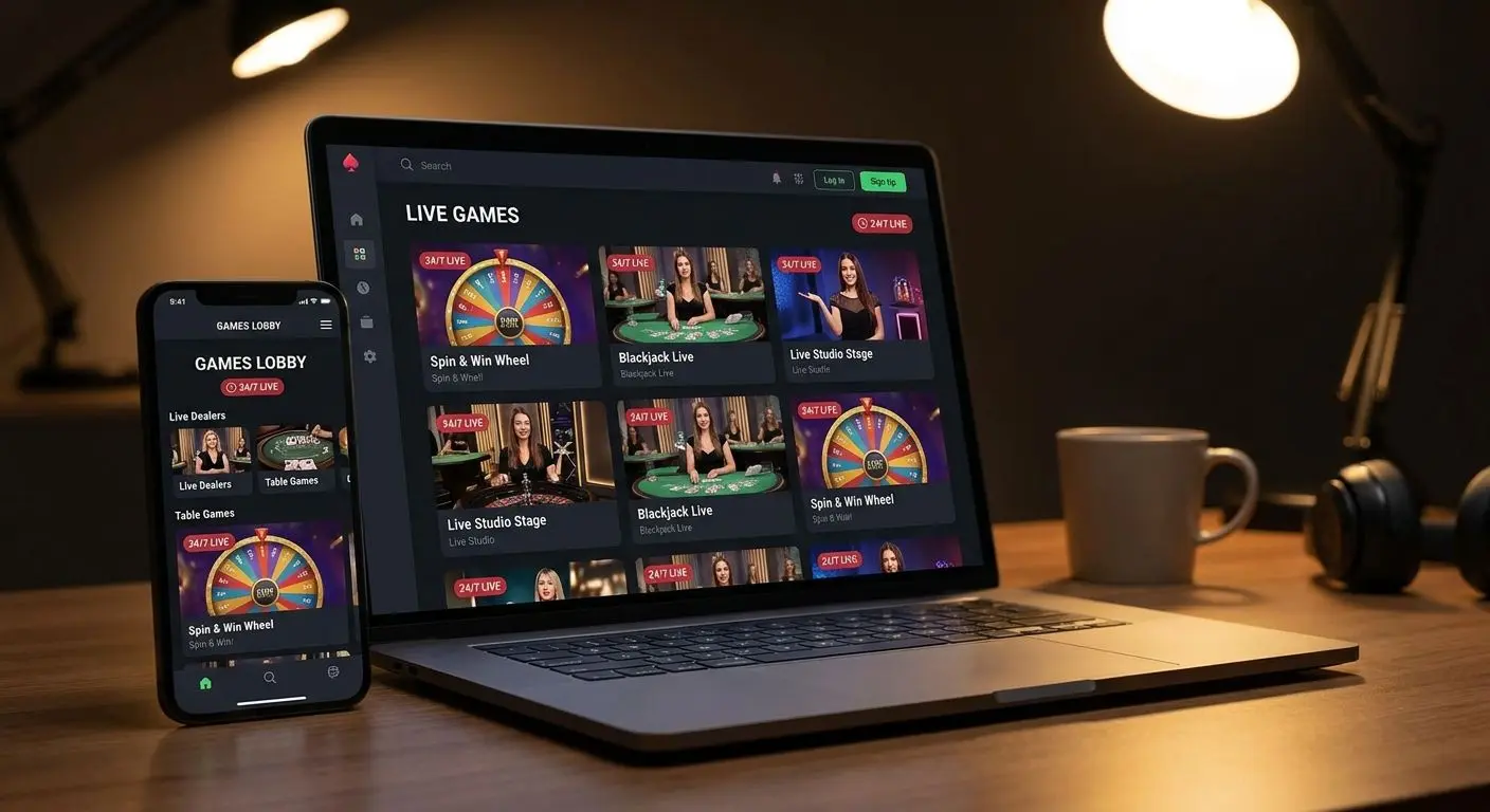 Live lobby on laptop and smartphone with different game categories