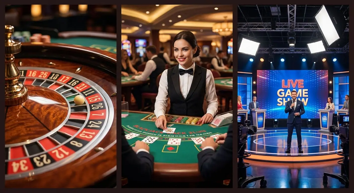 Collage of roulette, card table and hosted studio game formats