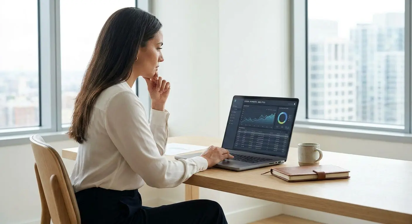 Payments analyst reviewing online transaction data on a laptop