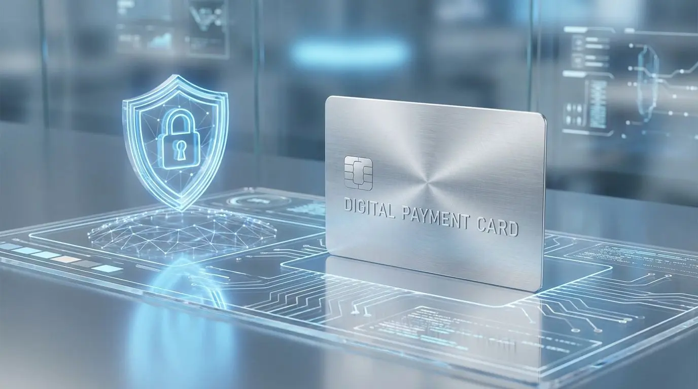 Secure card payment concept with shield and bank card