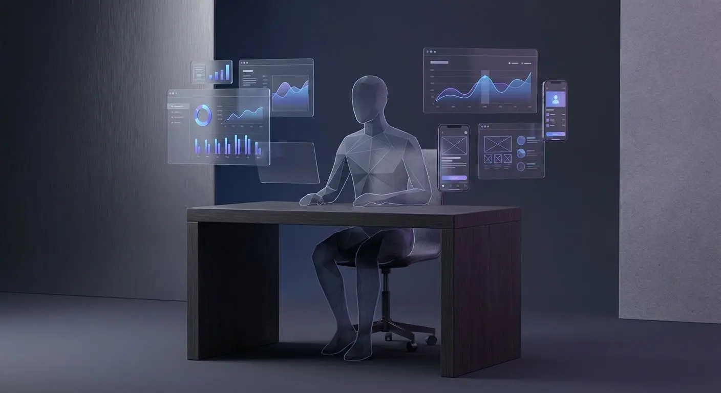Abstract author-style visual with mobile interface analysis scene