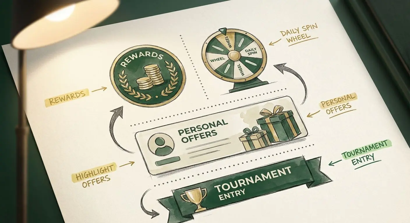 Fictional interface sketch showing rewards, wheel and promo sections