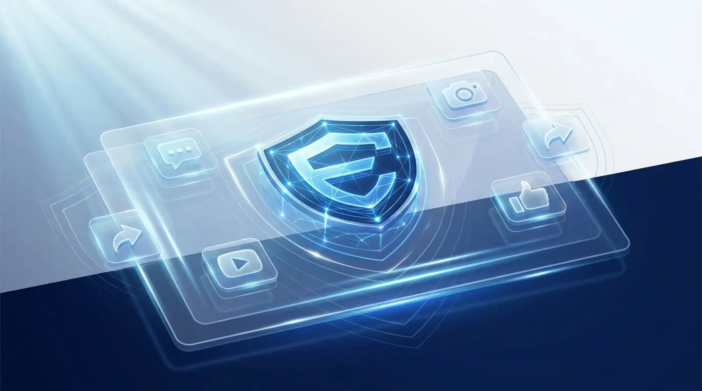 Social media icons and brand-style logo representing transparency and updates