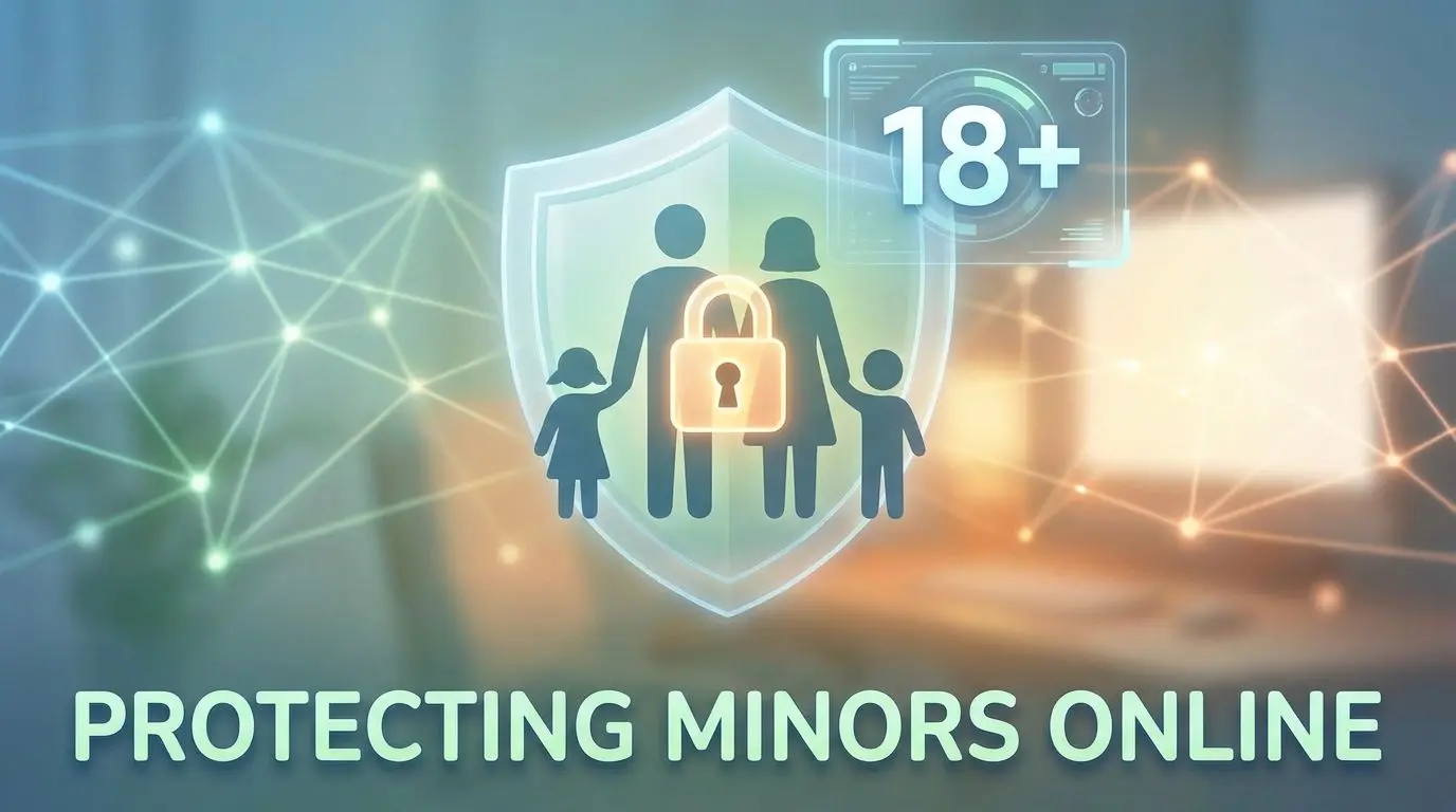 Protecting minors and vulnerable players 18 plus family safety illustration with shield and lock icons