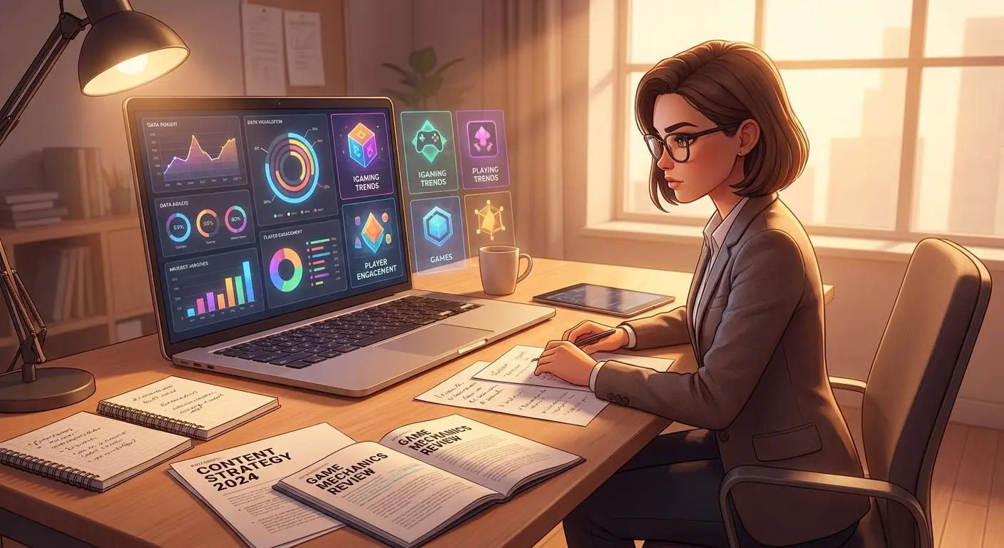 Stylised fictional iGaming analyst working at a desk