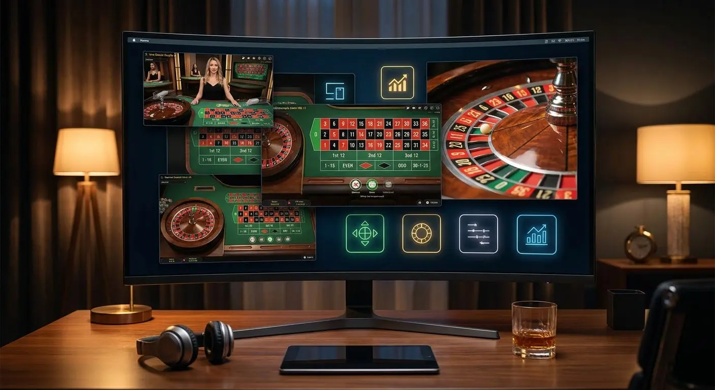Collage of digital and live roulette table interfaces