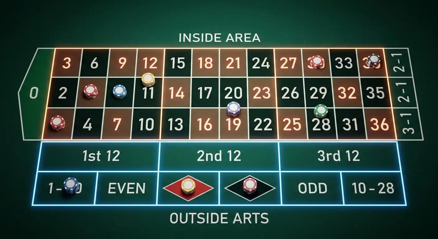 Roulette table layout showing inside and outside sections