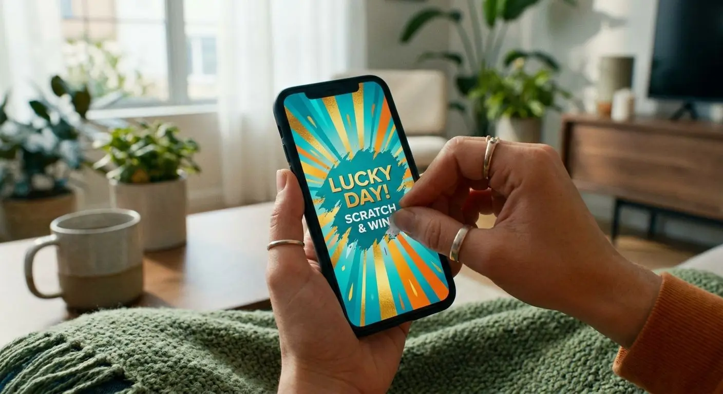 Hand using a smartphone to play a digital scratch card