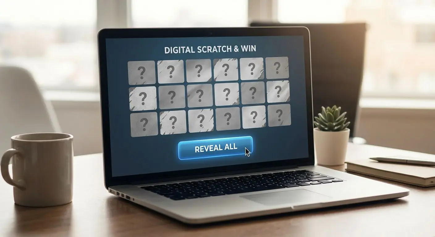 Laptop displaying an online scratch card with reveal fields and Reveal All button