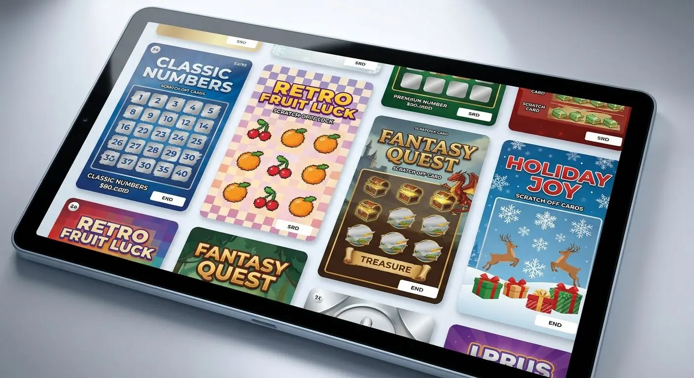 Collage of online scratch card styles including classic and seasonal themes