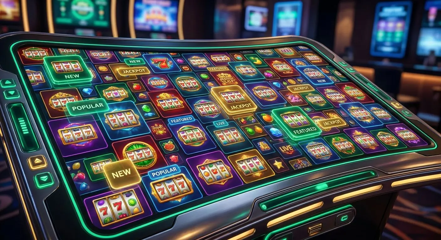 Slot game cards showing new popular and jackpot categories