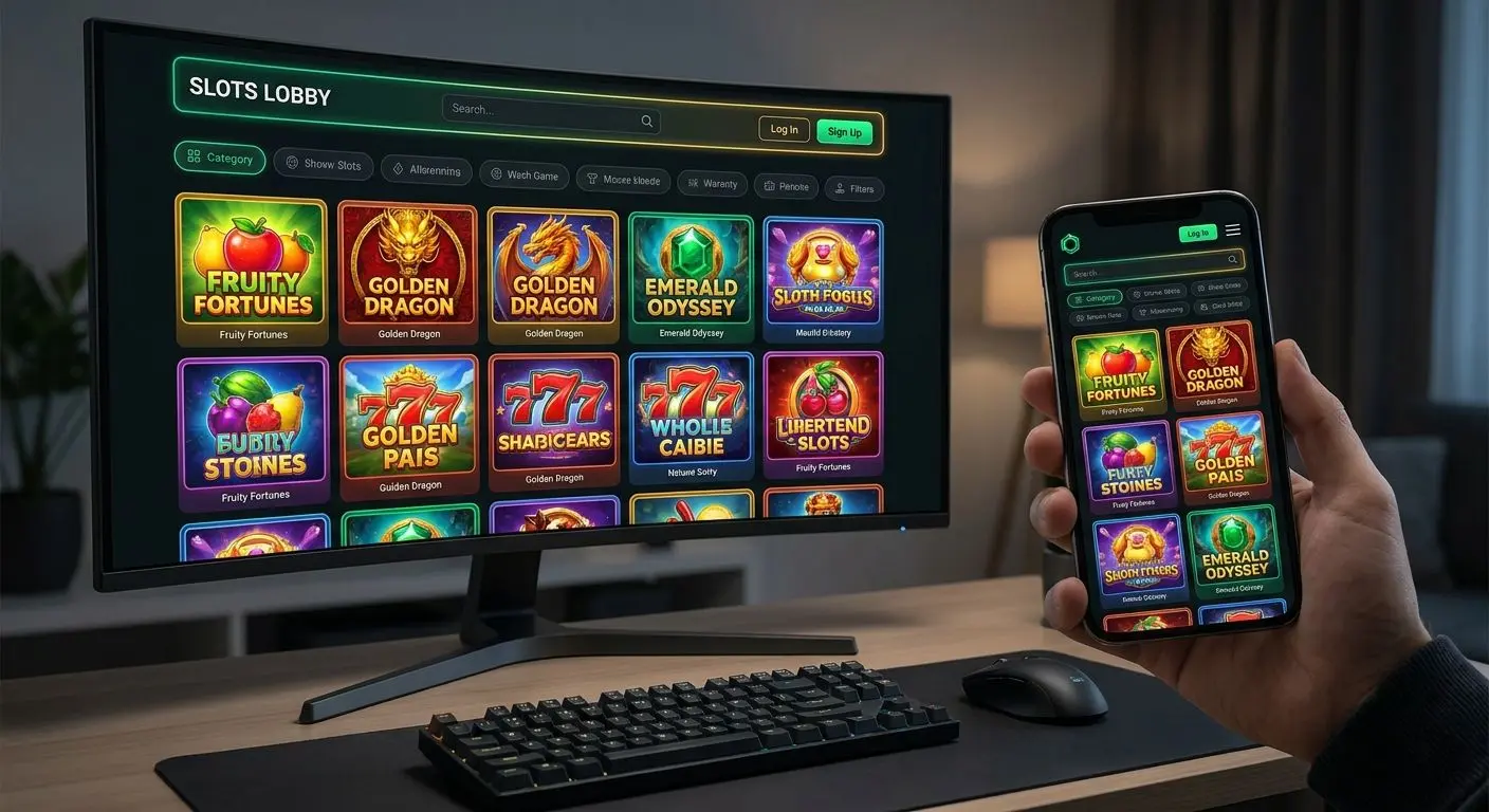 Online slots lobby with game grid and category filters on desktop and mobile