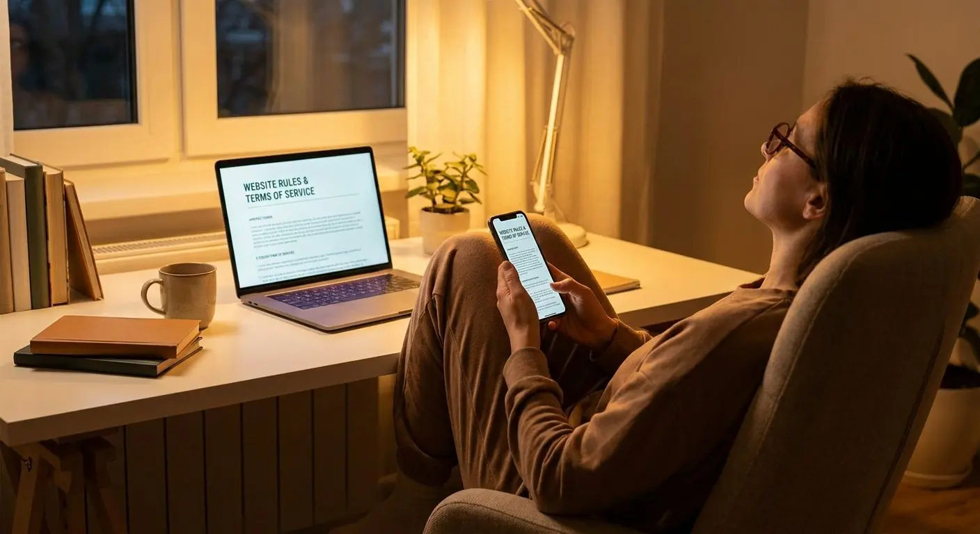 Player reading terms on a laptop before playing online