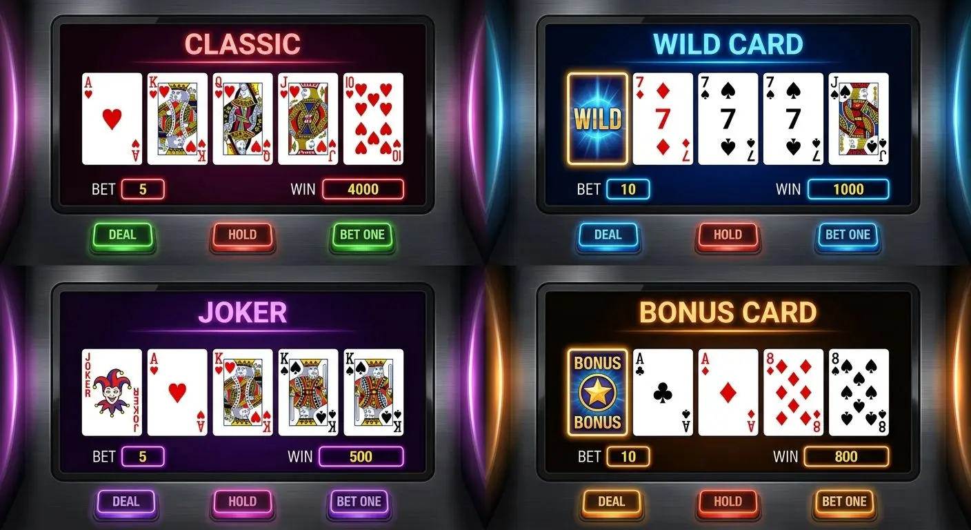 Types of Video Poker Games Collage of popular video poker variants at PlayOJO