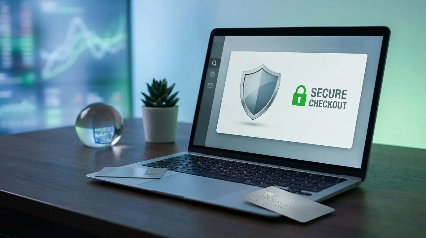 Secure online card payment concept with shield and laptop
