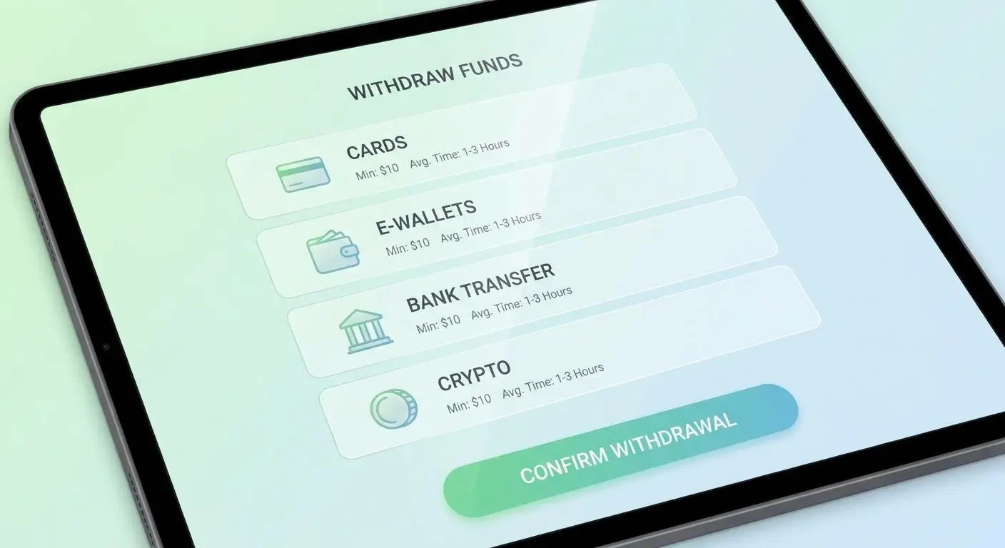 Withdrawal methods selection interface Generic cashier screen with withdrawal methods and processing details